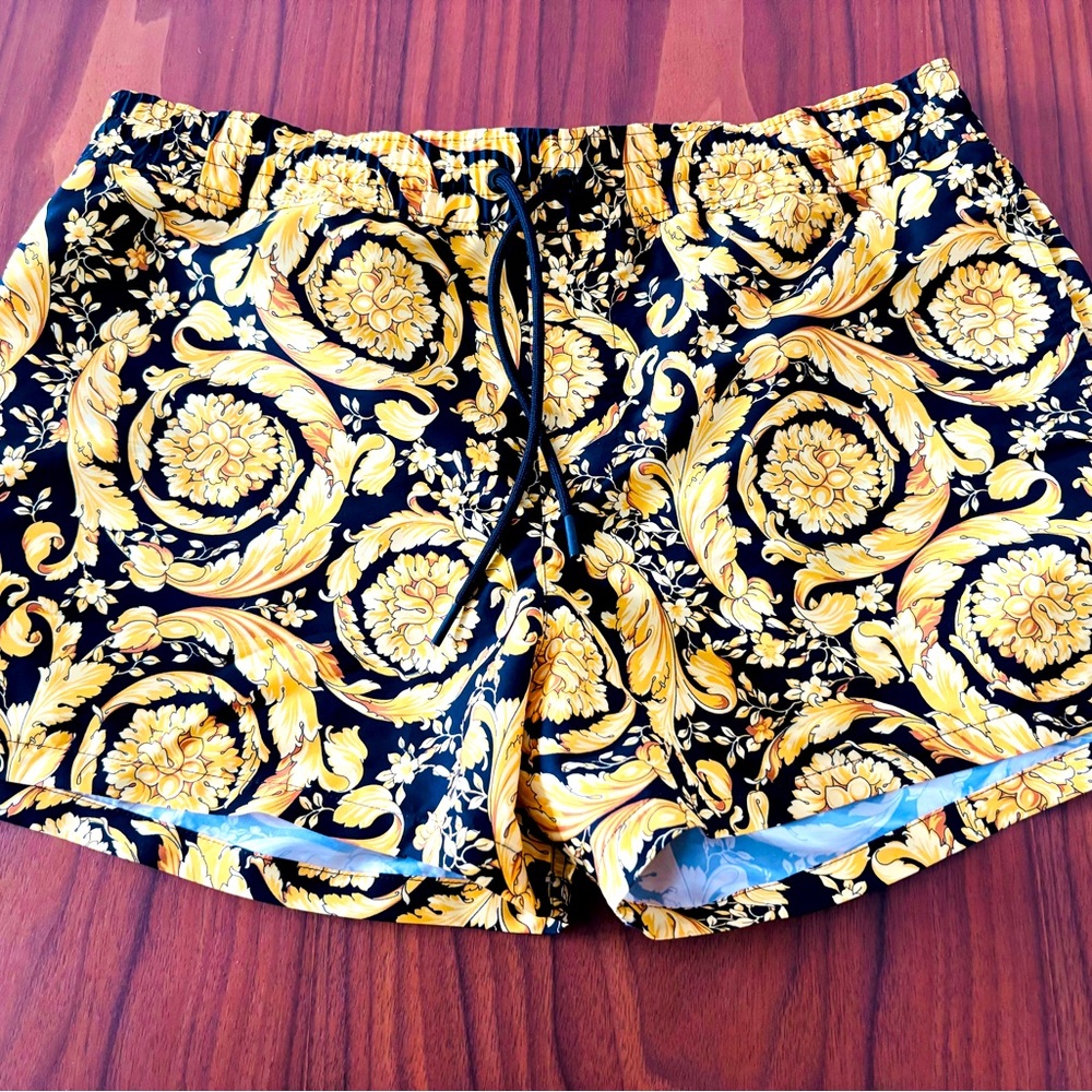 Size M Versace Barocco Men’s Black and Gold Swim Shorts